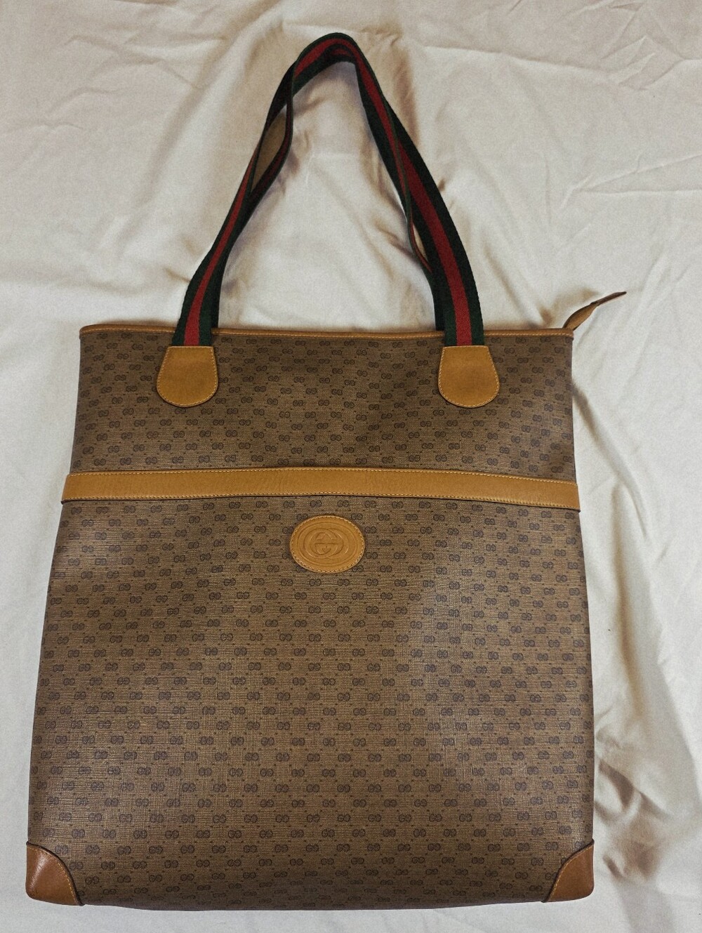 Vintage Itailian Gucci GG Supreme Web Stripe Canvas Tote Bag Tan Brown Leather.